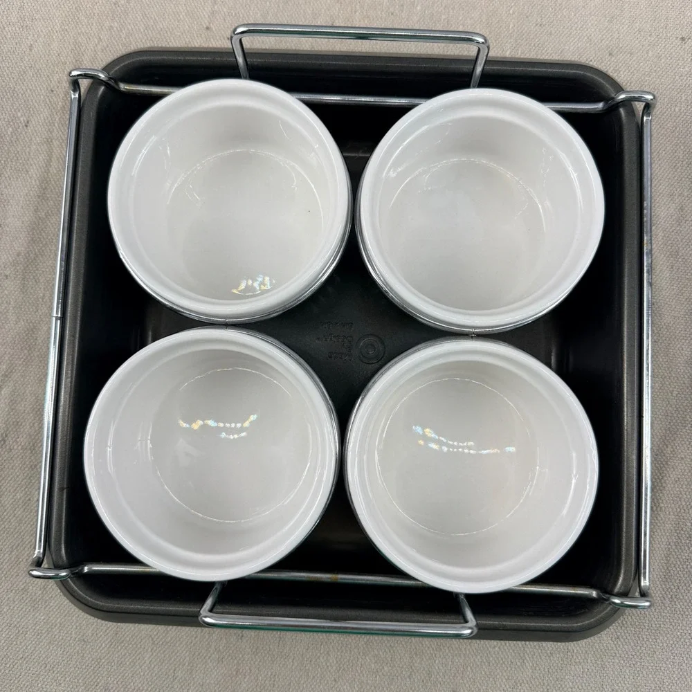 Chicago Metallic Creme Brulee Set 4 Ramekins 8x8 Pan Rack‎ Kitchen Torch
